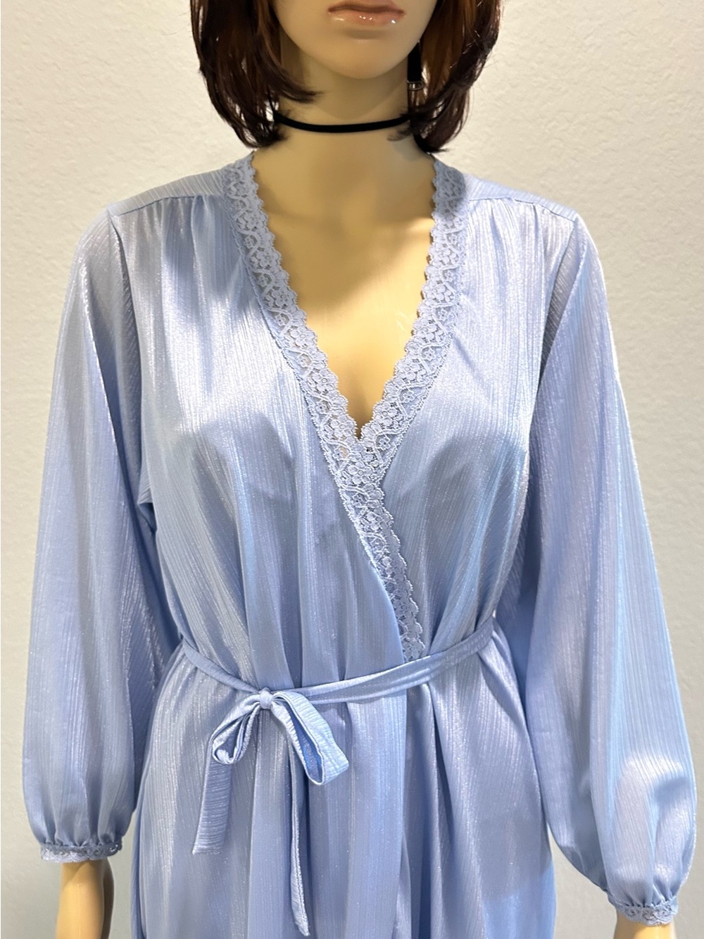 Miss Elaine Light Blue Lace-Trim Wrap Robe & chemise 2 piece set